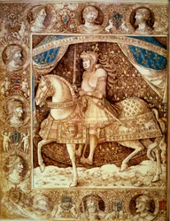 Retrato ecuestre de Luis XII (1462 - 1515), Rey de Francia. Miniatura en Crónicas, Folio 1v, de Enguerrand de Monstrelet