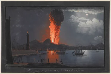 Erupción del Vesubio.
Escena nocturna, con un grupo de figuras contemplando la erupción del Vesubio desde la orilla opuesta de la bahía de Nápoles, el faro a la izquierda, barcos navegando a la derecha y la ciudad y el volcán al fondo; dentro del marco p