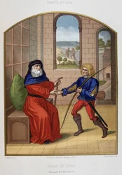 Esaú con sus armas de caza y su padre Isaac. Cromolitografía del siglo XIX