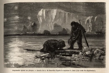 Cazadores esquimales espiando una foca a través de un agujero en el hielo, esperando para arponearla. Grabado para ilustrar el viaje al mar libre del polo Ártico, por el Doctor Hayes, cirujano de la Marina de los Estados Unidos, en 1860-1862