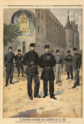 Evolución de los uniformes de los guardianes de la paz (o sargentos de la ciudad) de 1860 a 1894, frente a la torre del reloj de la Conciergerie, París. Grabado en "Le petit journal" 09/1894. Colección Selva