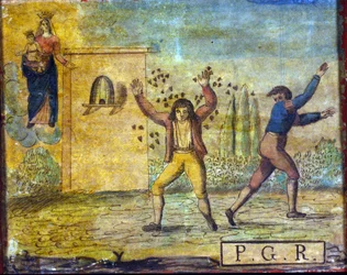 Exvoto de principios del siglo XIX que representa a una persona atacada por abejas.