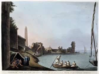 Vista exterior de la antigua muralla de Alejandría, con el obelisco de Cleopatra (murallas y obelisco) - en “Vistas en Egipto, Palestina y otras partes del Imperio Otomano”