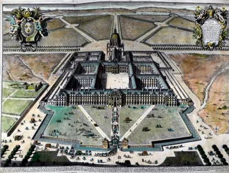 Vista exterior del hotel des Invalides en París en el siglo XVIII. Grabado del siglo XVIII
