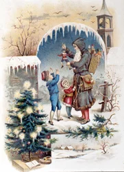 Papá Noel con niños. Cromolitografía de 1892.