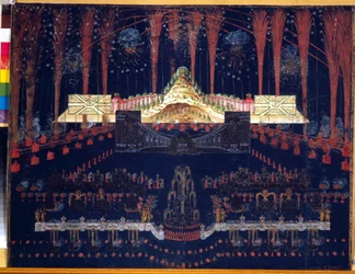 Fuegos artificiales e iluminaciones el 25 de abril de 1742 en Moscú (Rusia). Obra anónima, acuarela y gouache sobre cartulina, mediados del siglo XVIII. arte rococó. Museo Estatal de Historia, Moscú.