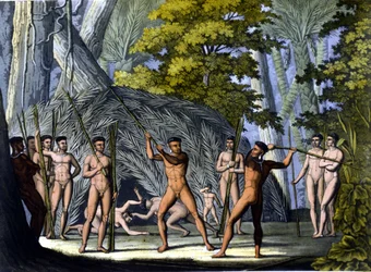 Lucha entre botocudos, indios de Brasil - en “Le costume ancien et moderne” de Ferrario, ed. Milán