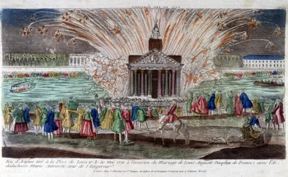 Fuegos artificiales disparados en la Plaza de Luis XV el 30 de mayo de 1770, con motivo del matrimonio de Luis Augusto, Delfín de Francia, con la Archiduquesa María Antonieta, hermana del Emperador. Grabado de finales del siglo XVIII.