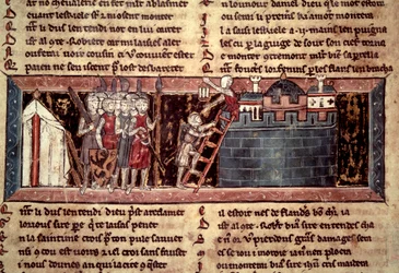 Primera cruzada: Los cruzados llegando ante Jerusalén. Miniatura de Caballero al Cisne y Godofredo de Bouillon
