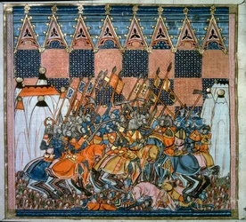 Primera Cruzada: el asedio y la captura de Jerusalén por los cruzados liderados por Godofredo de Bouillon (1058-1100) en 1099. Miniatura de “Crónicas de Ultramar” siglo XIV, París, B.N.