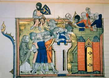 Primera cruzada: Godefroi (o Godefroy) de Bouillon (1058-1100) en una torre redonda atacó Jerusalén en 1099. Miniatura del “Roman De Godefroy De Bouillon et de Saladin”