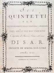 Primera página de la partitura musical de "Sei quintetti per due violini flauto viola e violoncello" de Luigi Boccherini