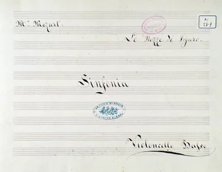 Primera página de la partitura para el violonchelo en Le nozze di Figaro, ópera de Mozart (siglo XIX)