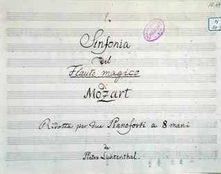 Primera página de la partitura de la sinfonía reducida a dos pianos y ocho manos de Die Zauberflöte, ópera de Mozart, versión de Lichtenthal (siglo XIX)