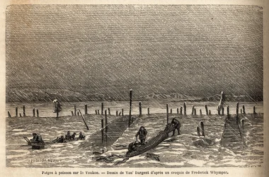 Trampas para peces, colocadas en las orillas del río Yukón (extremo norte de Canadá). Grabado para ilustrar el viaje y aventuras en la Colombia Inglesa, la Isla de Vancouver y Alaska, por Frederick Whymper