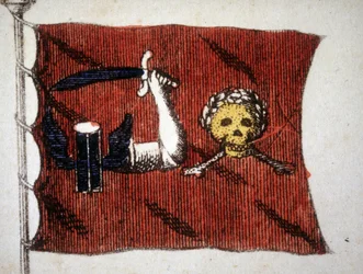 Bandera de los piratas bárbaros, grabado de finales del siglo XVIII.