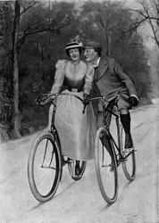 Coqueteo fin de siglo: pareja en bicicleta - grabado