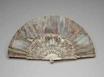 Abanico plegable con una escena de jugadores de cartas en un interior de moda, c.1740s-50s