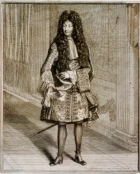 Retrato de pie del rey Luis XIV, conocido como el Rey Sol (1638-1715). Grabado del siglo XVIII. Biblioteca Nacional de Madrid