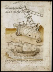 Aproximación a la fortaleza y barco - Manuscrito: hoja de pergamino de un manual de ingeniero para la construcción de edificios civiles, religiosos y militares, anónimo, finales del siglo XV (figura en tinta china)