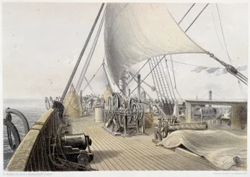 Cubierta delantera despejada para el intento final de enganche, 11 de agosto de 1858 en "El telégrafo atlántico" de W. H. Russel, c. 1860