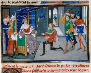 Cuarta Cruzada: representación de Alexis IV Ángel es coronado emperador junto a su padre Isaac II después de haberlo sacado de prisión en 1203