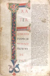Frater Ambrosius michi munuscula perferens. Capuletera de la epístola dedicatoria de San Jerónimo