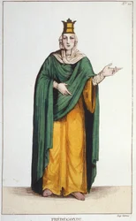 Fredegunda. Reina de Neustria (545-597) grabado de 1830