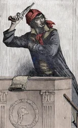 Revolución Francesa: Retrato de Jean Paul Marat apuntando con una pistola en el podio