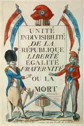 Revolución francesa: «Unidad, indivisibilidad de la República. Libertad, Igualdad, Fraternidad o muerte». Cartel de propaganda con sans-culottes y escarapela. Estampa de 1794, París, Musée Carnavalet
