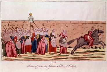 Revolución Francesa de 1789: vanguardia de las mujeres yendo a Versalles el 5 de octubre de 1789. Grabado del siglo XVIII. París, B. N.