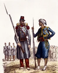Uniforme militar francés: A la izquierda, una legión extranjera formada y enviada a Argelia en 1831. A la derecha, jinetes indígenas, entrenados y enviados a Argelia en 1841. En L