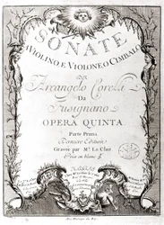 Frontispicio de 12 sonatas para violín, bajo y clavecín por Arcangelo Corelli (1653 - 1713). Versión francesa