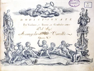 Frontispicio de 12 sonatas para violín, bajo y clavecín por Arcangelo Corelli (1653 - 1713)