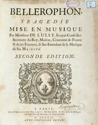 Frontispicio de “Bellerophon” tragedia lírica en cinco actos con un prólogo de Jean Baptiste Lully (Giovanni Battista Lulli) (Jean-Baptiste) (1632-1687). 1714