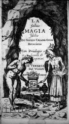 Frontispicio de un libro que representa a brujas realizando ritos mágicos