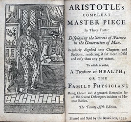 Frontispicio de un tratamiento médico del filósofo griego Aristóteles (384-322 a.C.). (LA OBRA MAESTRA COMPLETA DE ARISTÓTELES EN TRES PARTES. MOSTRANDO LOS SECRETOS DE LA NATURALEZA EN LA GENERACIÓN DEL HOMBRE) 1753