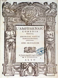 Portada de la comedia madrigal Amfiparnaso por Orazio Vecchi