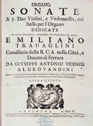 Portada de la partitura musical de "Sonata a 2 violines, violonchelo y órgano, op. 5" de Giuseppe Aldrovandini
