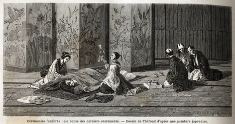 Ceremonias funerarias: el monje de los últimos sacramentos. Grabado para ilustrar el viaje a Japón en 1863-1864, por Aime Humbert, ministro de la Confederación Suiza, en “Le tour du monde, nouveau journal des voyages”, publicado bajo la dirección de Edouar