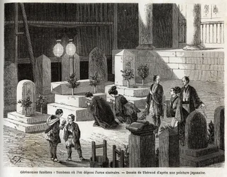 Ceremonias funerarias: tumba donde se coloca la urna cineraria. Grabado para ilustrar el viaje a Japón en 1863-1864, por Aime Humbert, ministro de la Confederación Suiza, en "Le tour du monde, nouveau journal des voyages", publicado bajo la dirección de Ed