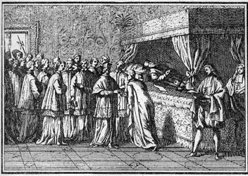 Funeral de un papa en el siglo XVIII: reconocimiento del cuerpo del papa muerto. Grabado en 