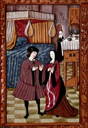 Encuentro galante en un dormitorio. Probablemente el amor de Jean III de Brush y Louise de Laval. Miniatura del manuscrito ms. 1475