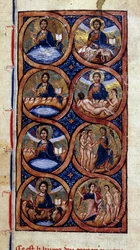 Génesis: representación de las diferentes etapas de la creación del mundo (cosmogonía). Miniatura de un manuscrito "Historia Universal" siglo XIII. Biblioteca Municipal de Dijon