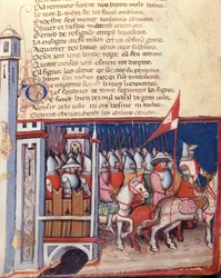 Cantar de gesta: un ejército de hombres a caballo saliendo de un castillo. Miniatura del manuscrito franco-italiano Entree d