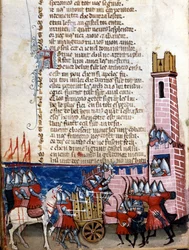 Cantar de gesta: escena de batalla cerca de una ciudad fortificada. Las tropas de Carlomagno (742-814) lucharon contra los moros de España. Miniatura tomada del manuscrito franco-italiano «Entrée d