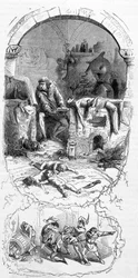 Gilles de Rais (Retz o Rays) (1404-1440) en situación: los hechiceros, para sus operaciones mágicas, compraban niños nacidos muertos (siglo XV) - grabado, s.f.