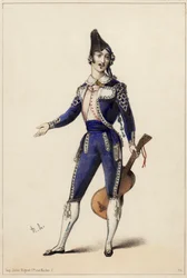 Giorgio Ronconi en el papel de Fígaro en la ópera El barbero de Sevilla de Gioacchino A. Rossini
