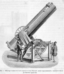 Telescopio de espejo de vidrio por Léon Foucault, montado ecuatorialmente, construido en París por Secrétan - en “Las maravillas de la ciencia” de Louis Figuier