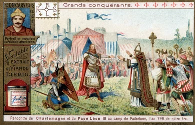 Grandes conquistadores: retrato de Carlomagno (742 o 747-814) y su encuentro con el Papa León III (750-816) en el campamento de Paderborn (Alemania), en 799 - cromolitografía de Liebig